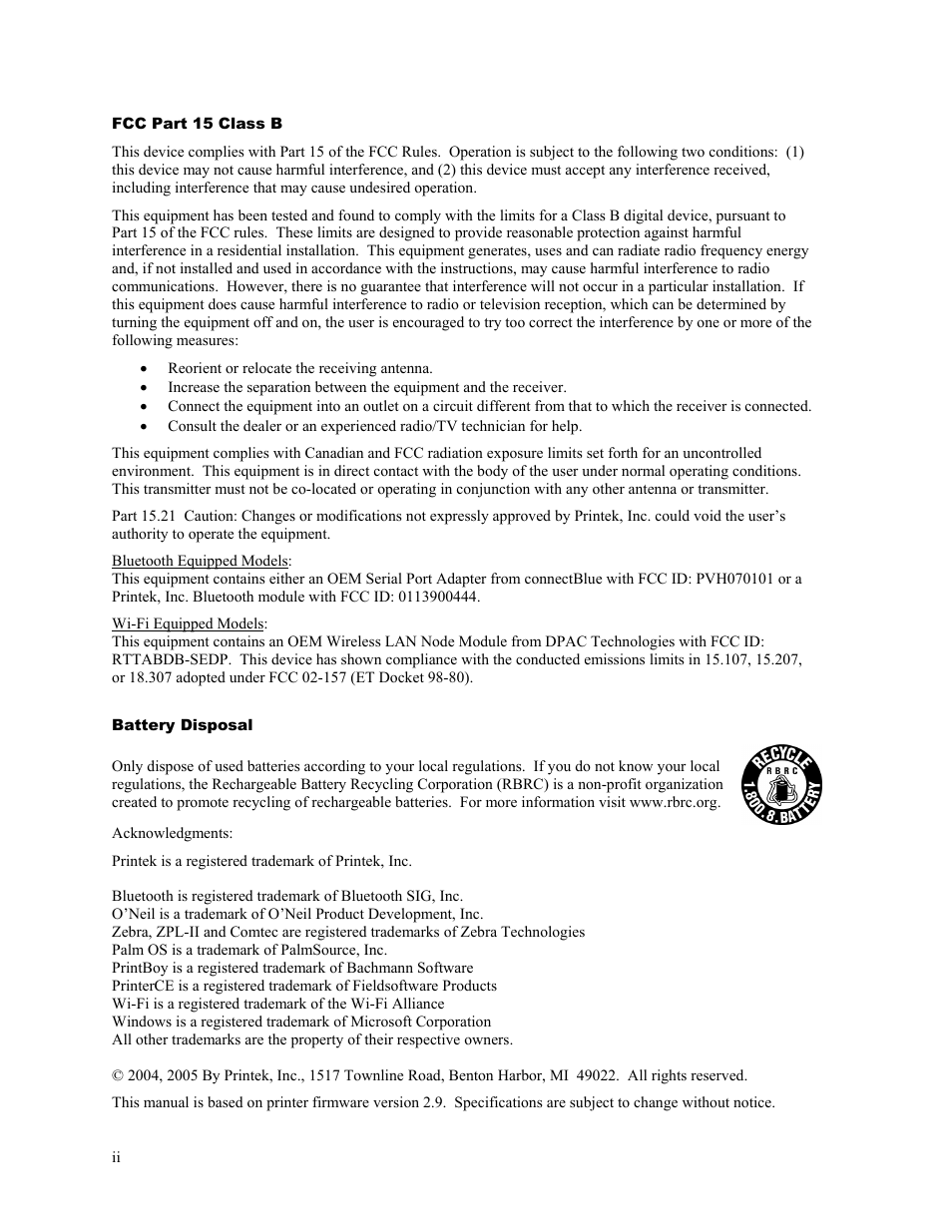 Printek Mobile Thermal MtP300 Series User Manual | Page 2 / 65