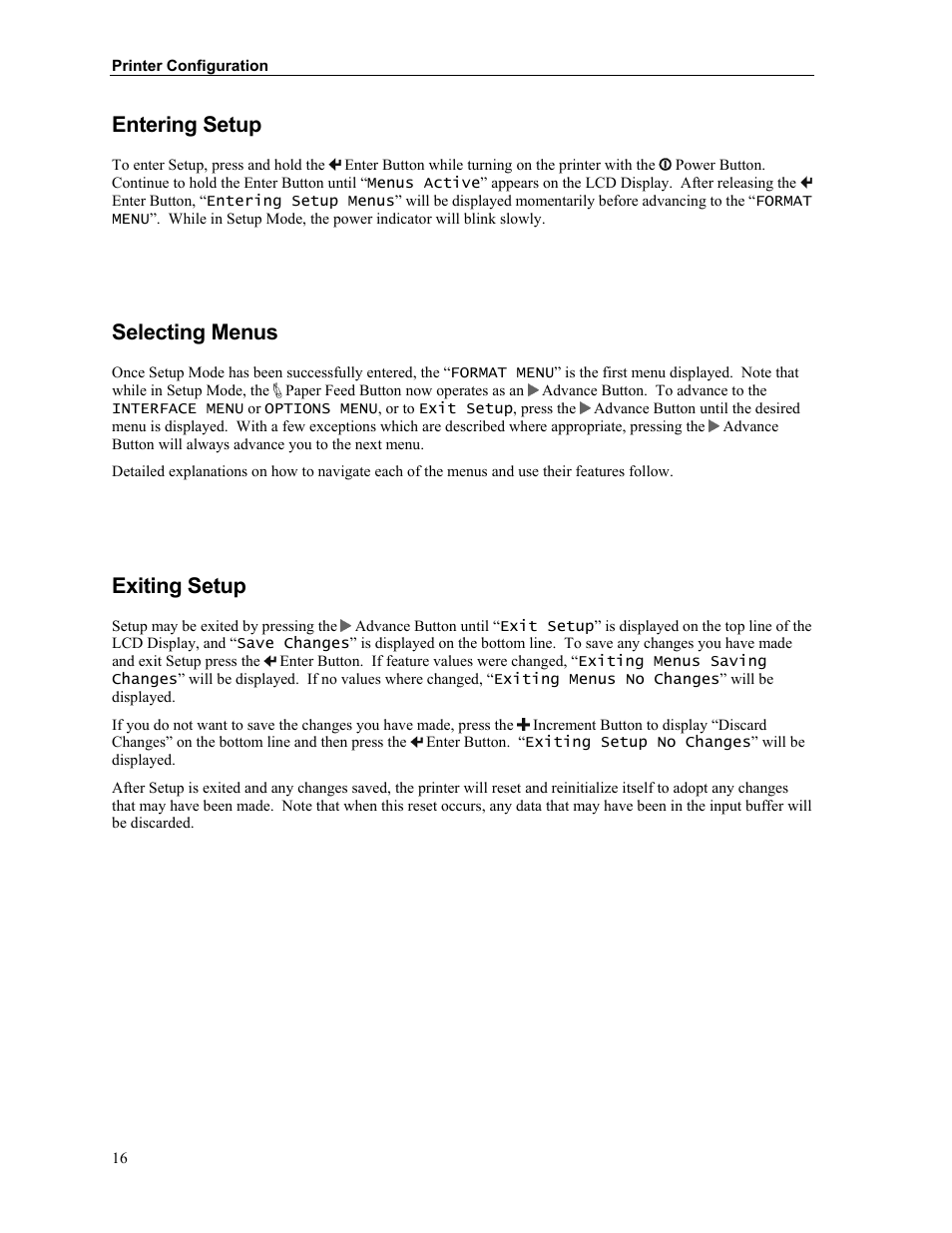 Entering setup, Selecting menus, Exiting setup | Printek Mobile Thermal MtP300 Series User Manual | Page 22 / 65