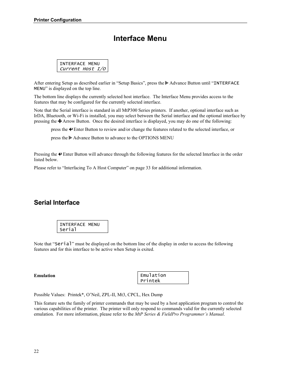 Interface menu, Serial interface | Printek Mobile Thermal MtP300 Series User Manual | Page 28 / 65