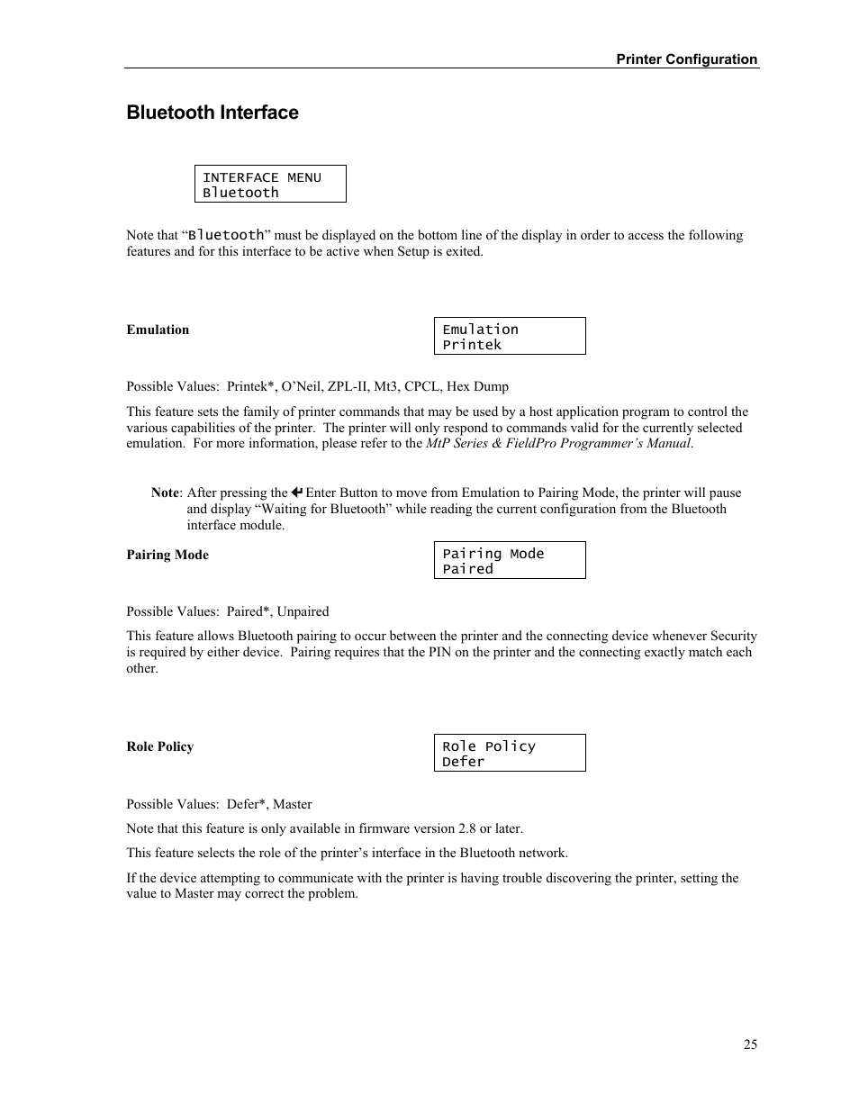 Bluetooth interface | Printek Mobile Thermal MtP300 Series User Manual | Page 31 / 65