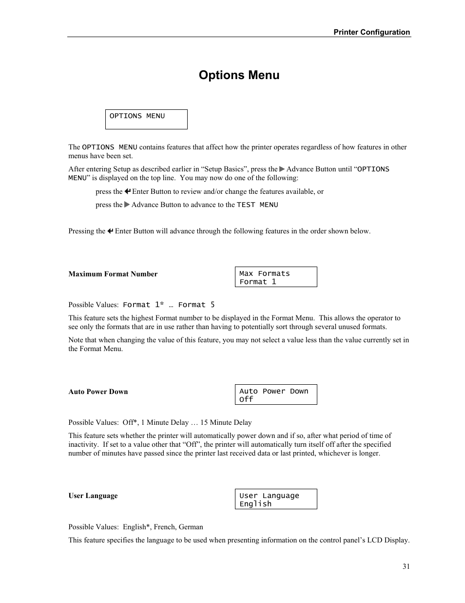 Options menu | Printek Mobile Thermal MtP300 Series User Manual | Page 37 / 65