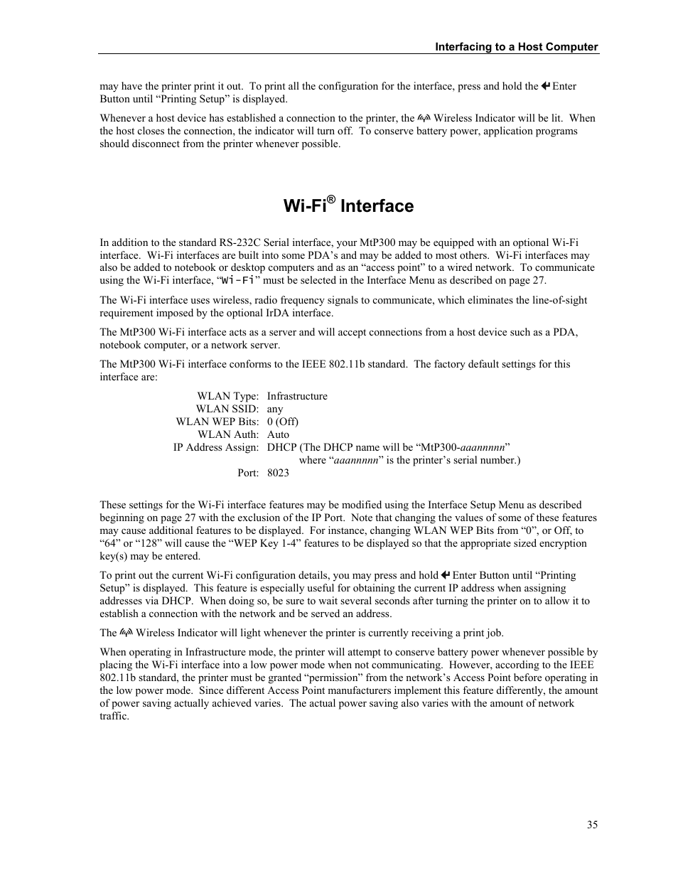 Wi-fi® interface, Wi-fi, Interface | Printek Mobile Thermal MtP300 Series User Manual | Page 41 / 65