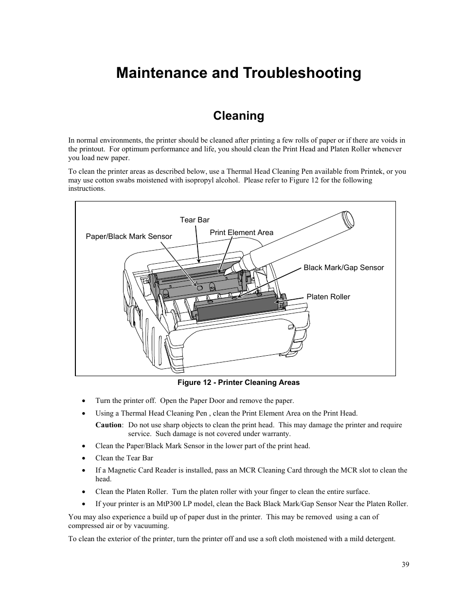 Maintenance and troubleshooting, Cleaning | Printek Mobile Thermal MtP300 Series User Manual | Page 45 / 65