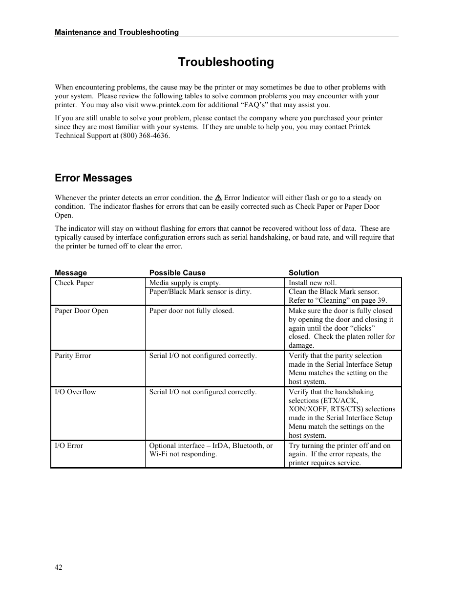 Troubleshooting, Error messages | Printek Mobile Thermal MtP300 Series User Manual | Page 48 / 65