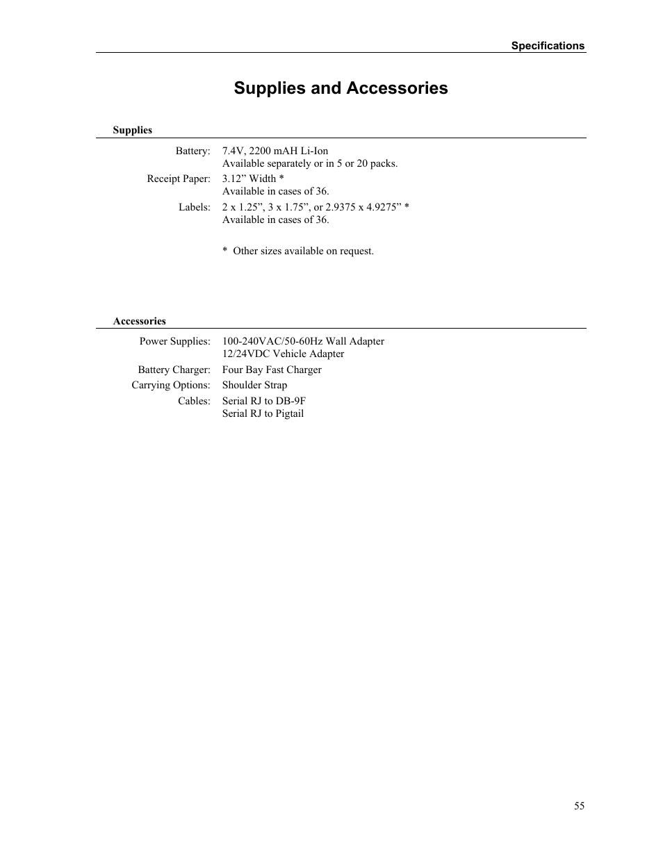 Supplies and accessories | Printek Mobile Thermal MtP300 Series User Manual | Page 61 / 65