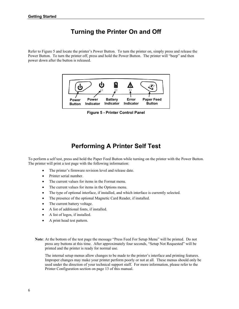 Turning the printer on and off, Performing a printer self test | Printek FieldPro RT43 User Manual | Page 12 / 55