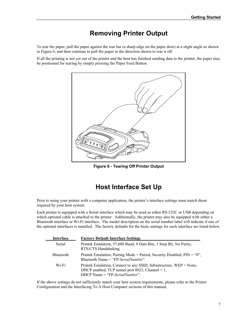 Removing printer output, Host interface set up | Printek FieldPro RT43 User Manual | Page 13 / 55