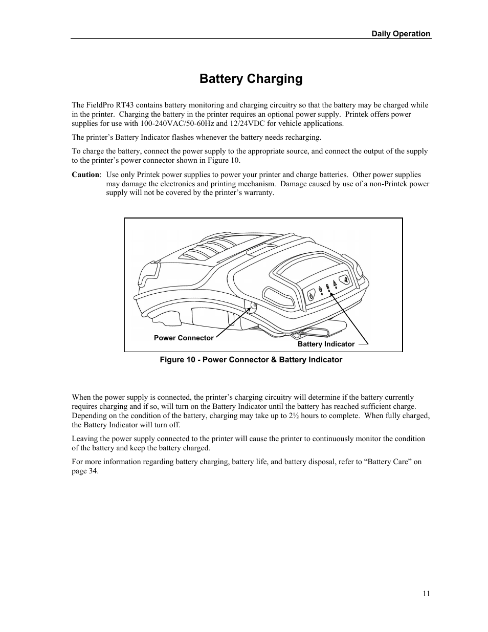 Battery charging | Printek FieldPro RT43 User Manual | Page 17 / 55