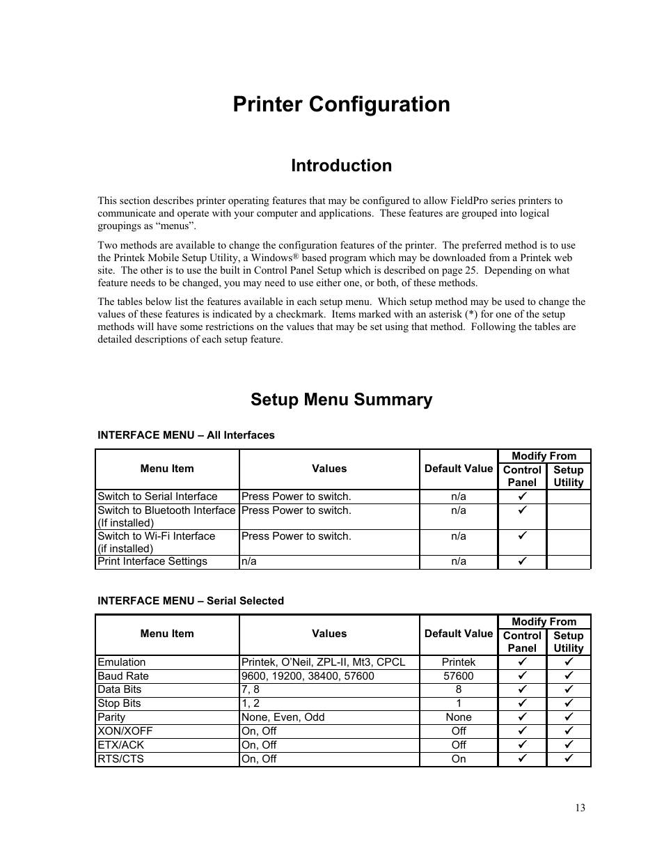 Printer configuration, Introduction, Setup menu summary | Printek FieldPro RT43 User Manual | Page 19 / 55