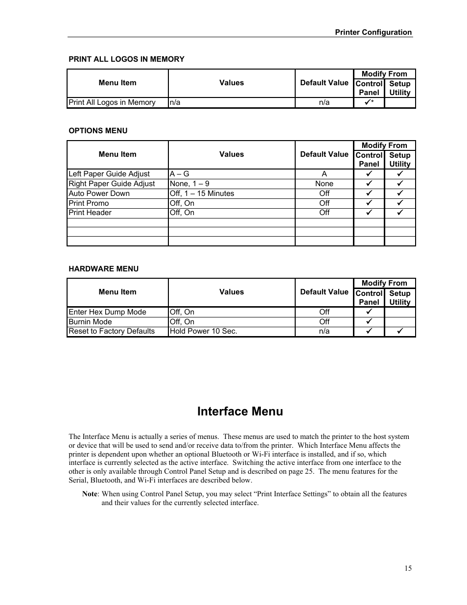 Interface menu | Printek FieldPro RT43 User Manual | Page 21 / 55