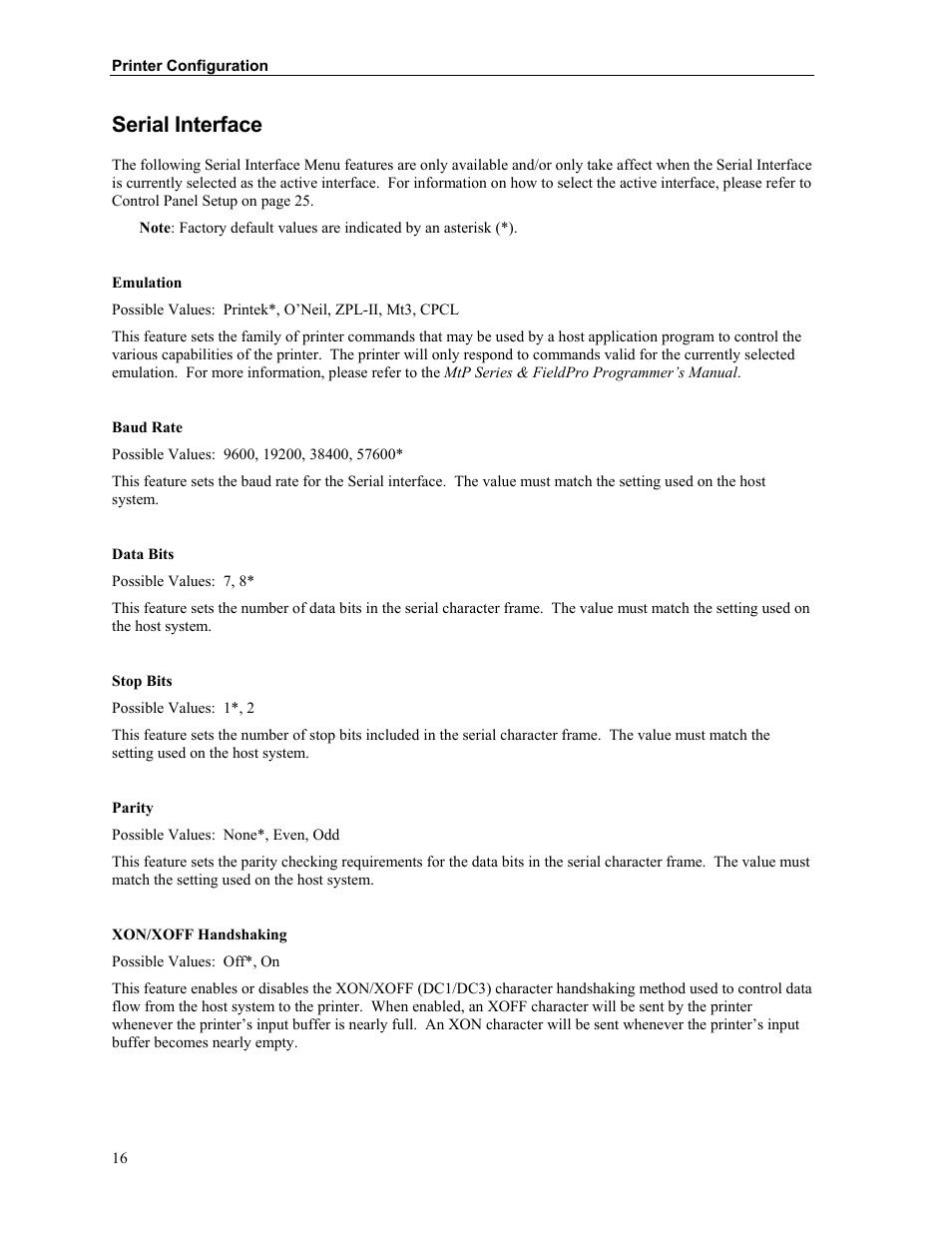 Serial interface | Printek FieldPro RT43 User Manual | Page 22 / 55