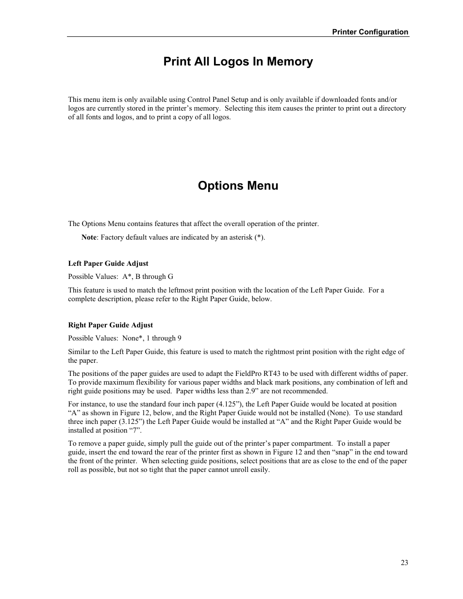 Print all logos in memory, Options menu | Printek FieldPro RT43 User Manual | Page 29 / 55