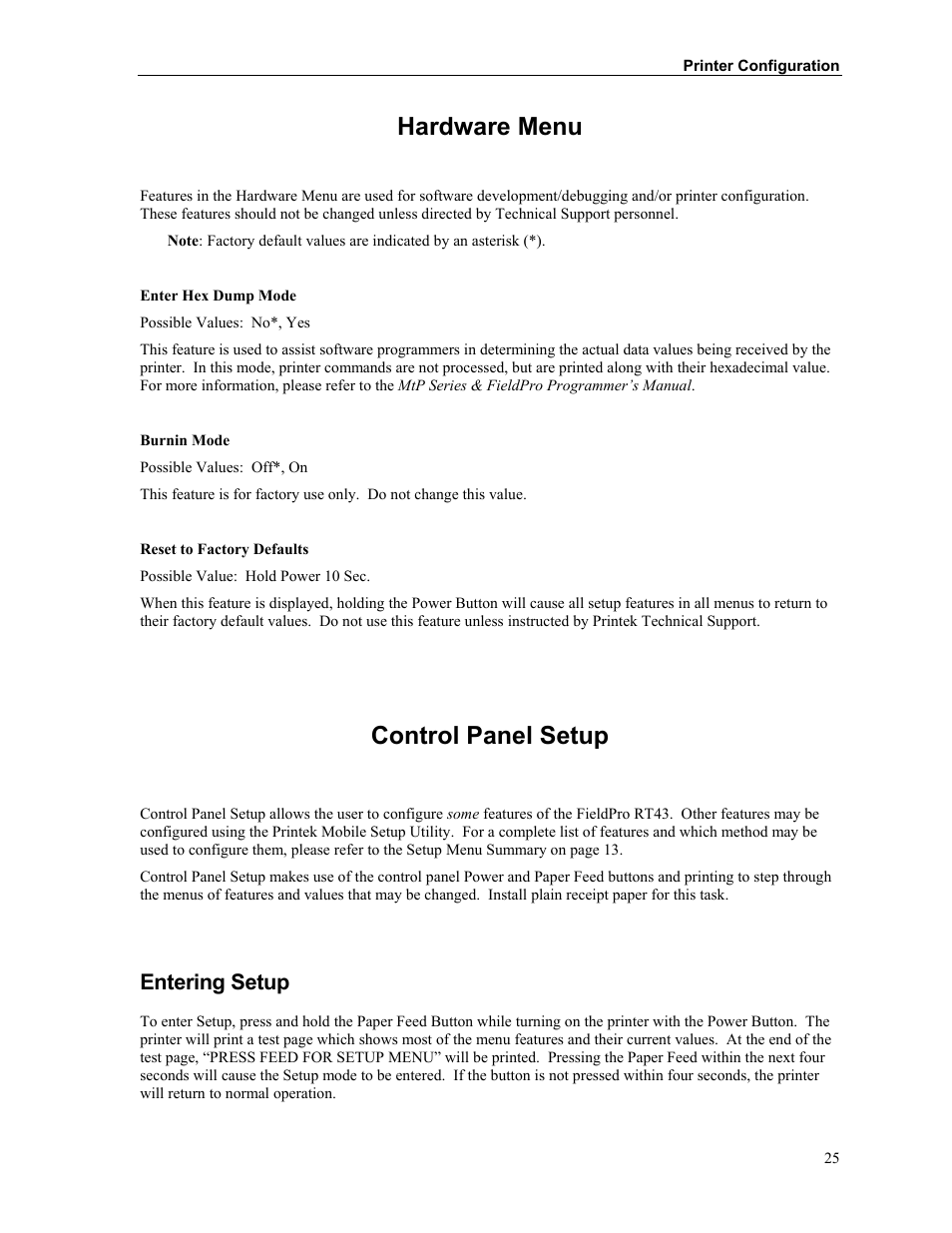 Hardware menu, Control panel setup, Entering setup | Printek FieldPro RT43 User Manual | Page 31 / 55