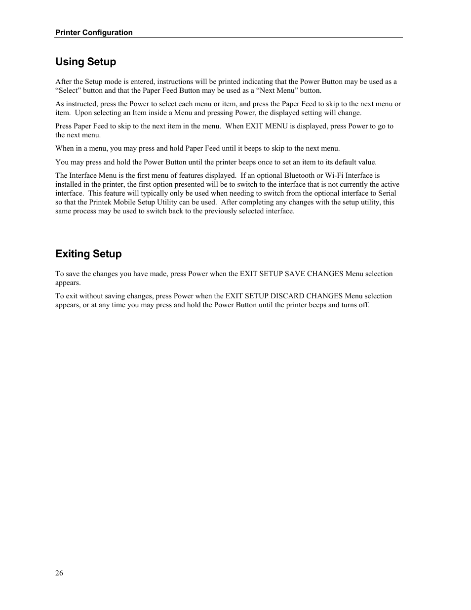 Using setup, Exiting setup | Printek FieldPro RT43 User Manual | Page 32 / 55