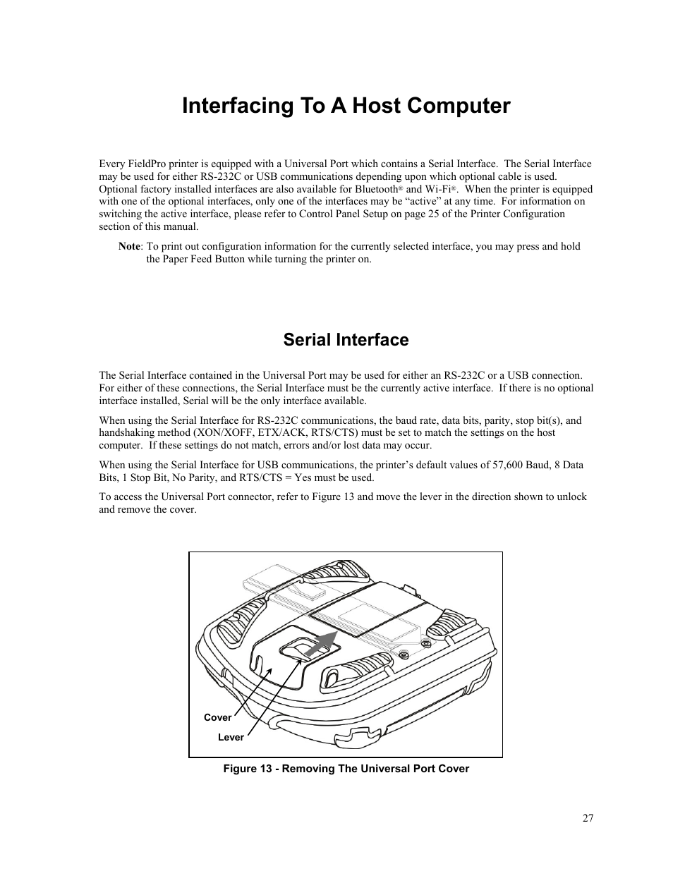 Interfacing to a host computer, Serial interface | Printek FieldPro RT43 User Manual | Page 33 / 55