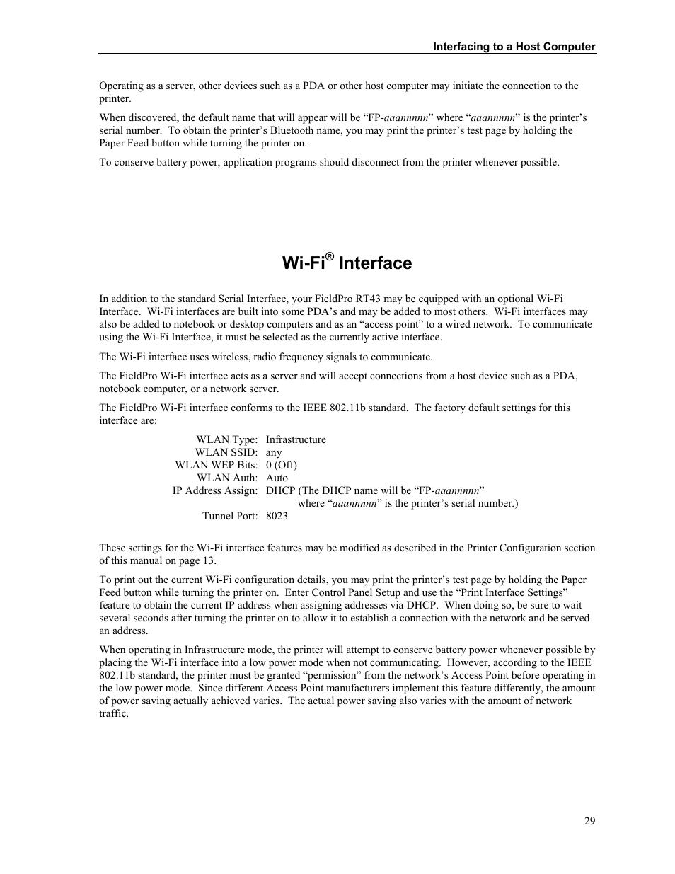 Wi-fi® interface, Wi-fi, Interface | Printek FieldPro RT43 User Manual | Page 35 / 55
