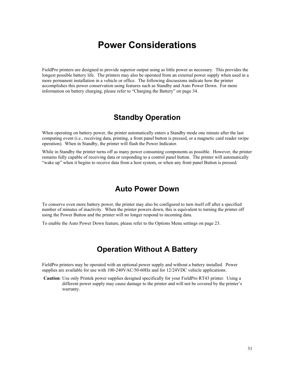 Power considerations, Standby operation, Auto power down | Operation without a battery | Printek FieldPro RT43 User Manual | Page 37 / 55