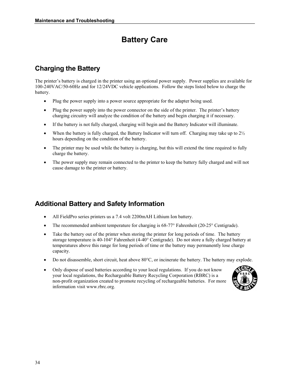 Battery care, Charging the battery, Additional battery and safety information | Printek FieldPro RT43 User Manual | Page 40 / 55