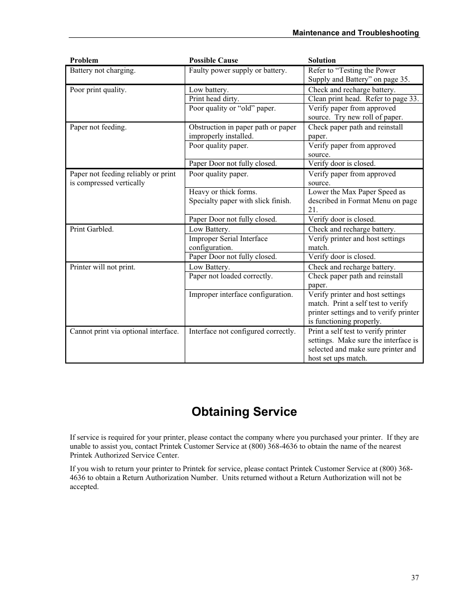 Obtaining service | Printek FieldPro RT43 User Manual | Page 43 / 55
