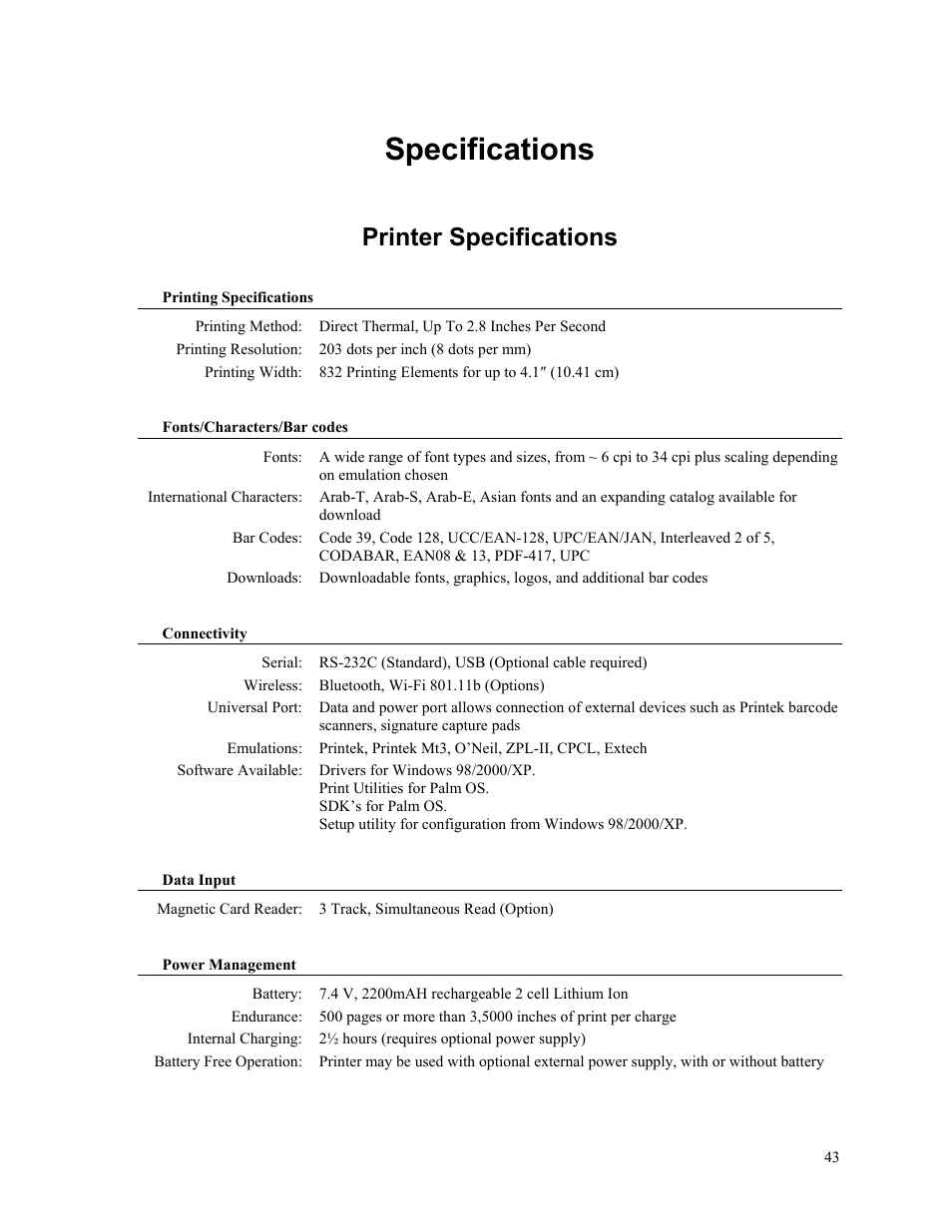 Specifications, Printer specifications | Printek FieldPro RT43 User Manual | Page 49 / 55