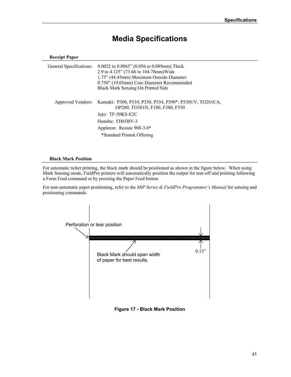 Media specifications | Printek FieldPro RT43 User Manual | Page 51 / 55