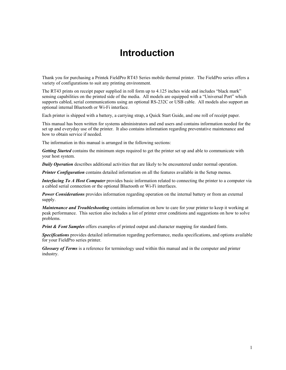 Introduction | Printek FieldPro RT43 User Manual | Page 7 / 55