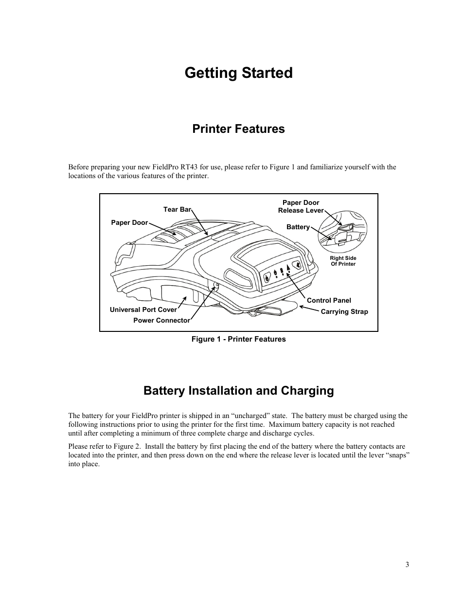 Getting started, Printer features, Battery installation and charging | Getting started cont | Printek FieldPro RT43 User Manual | Page 9 / 55