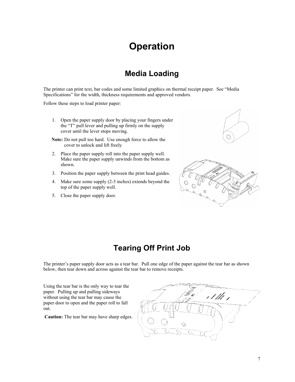 Operation, Media loading, Tearing off print job | Operation describes m | Printek Mt3-II User Manual | Page 13 / 34