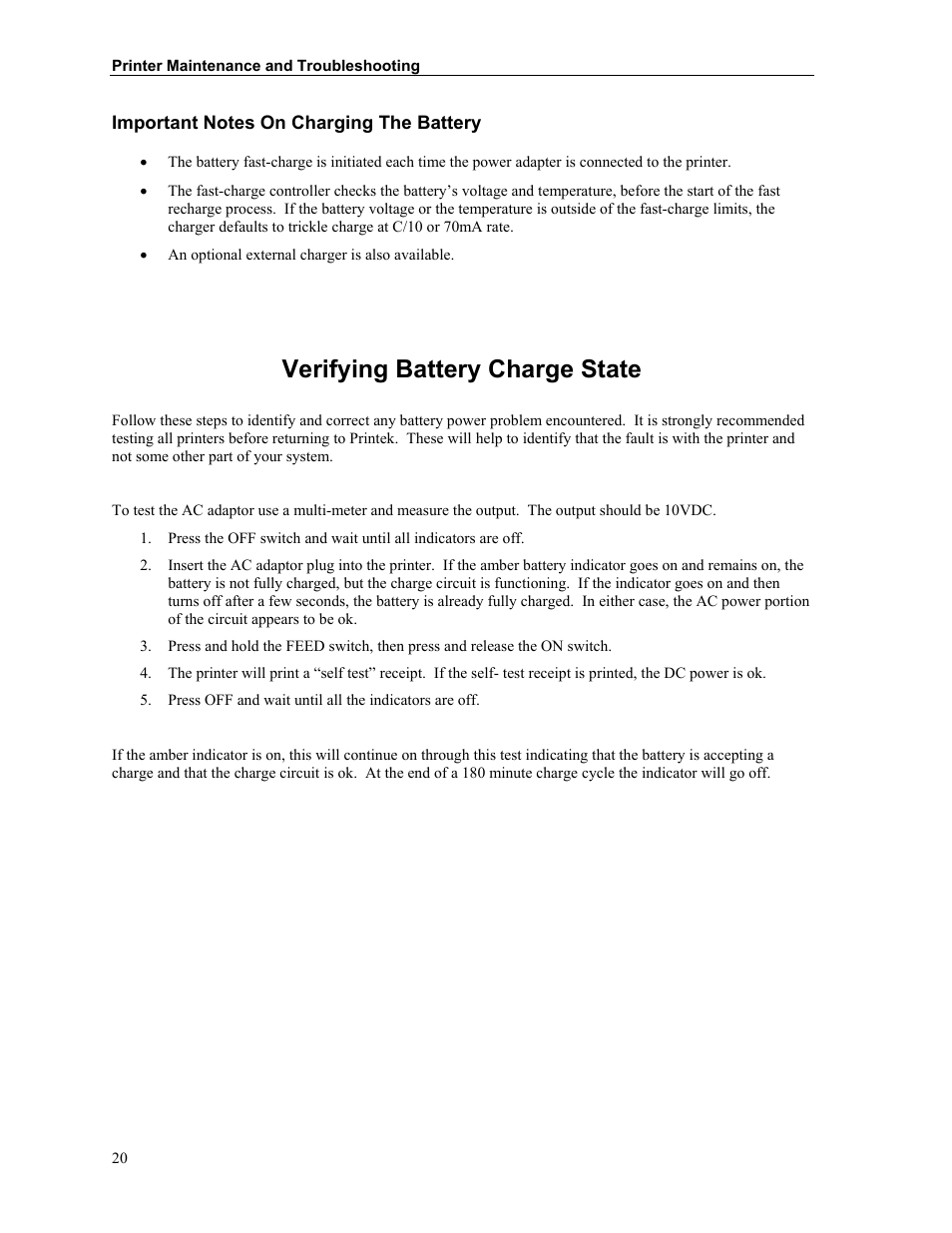Important notes on charging the battery, Verifying battery charge state | Printek Mt3-II User Manual | Page 26 / 34