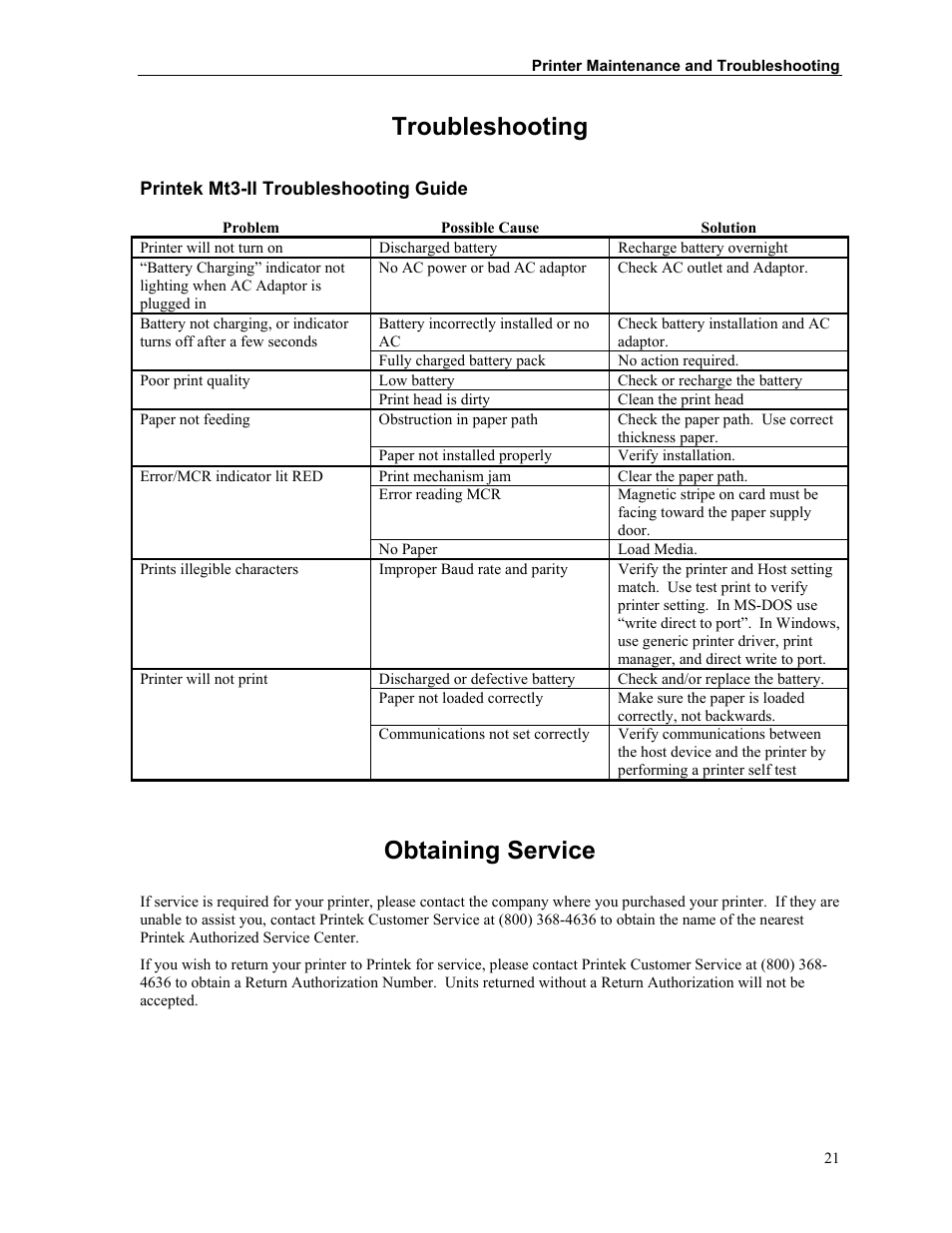 Troubleshooting, Printek mt3-ii troubleshooting guide, Obtaining service | Printek Mt3-II User Manual | Page 27 / 34