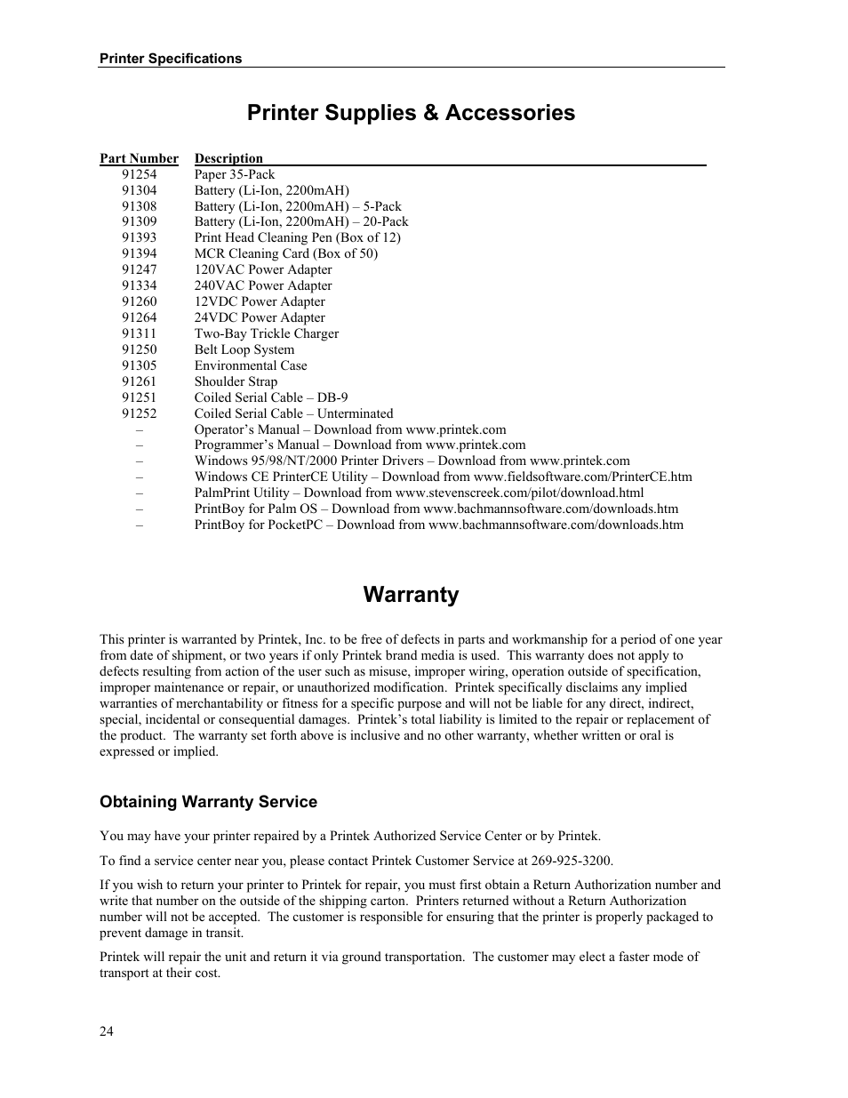Printer supplies & accessories, Warranty, Obtaining warranty service | Printek Mt3-II User Manual | Page 30 / 34