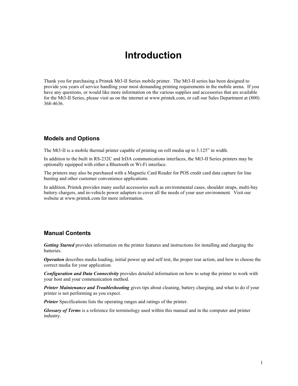 Introduction, Models and options, Manual contents | Printek Mt3-II User Manual | Page 7 / 34