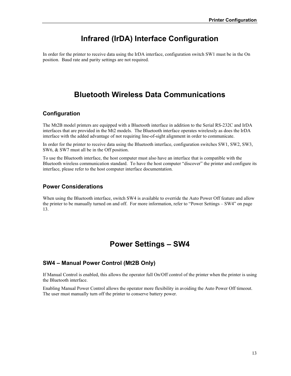 Infrared (irda) interface configuration, Bluetooth wireless data communications, Configuration | Power considerations, Power settings – sw4, Sw4 – manual power control \(mt2b only\), Printer configuration | Printek Mt2 Series User Manual | Page 19 / 38