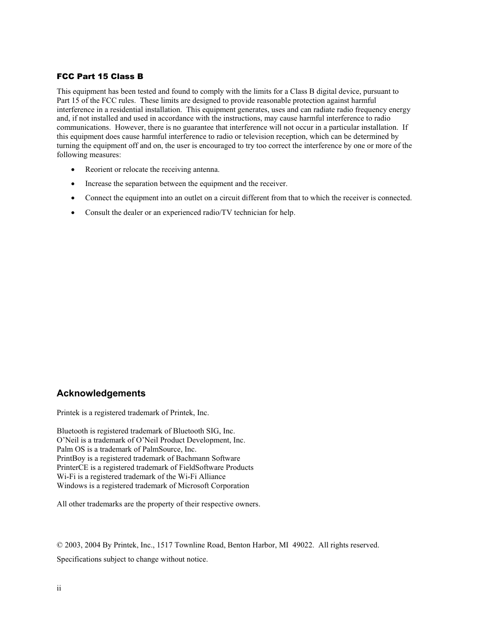 Acknowledgements | Printek Mt2 Series User Manual | Page 2 / 38