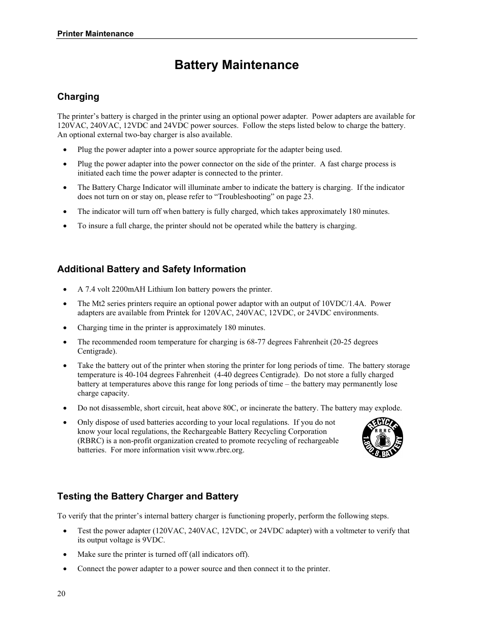 Battery maintenance, Charging, Additional battery and safety information | Testing the battery charger and battery | Printek Mt2 Series User Manual | Page 26 / 38