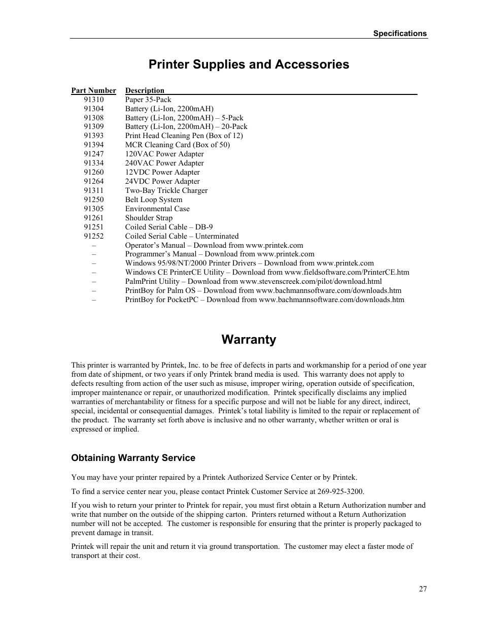 Printer supplies and accessories, Warranty, Obtaining warranty service | Specifications, Printer specifications | Printek Mt2 Series User Manual | Page 33 / 38