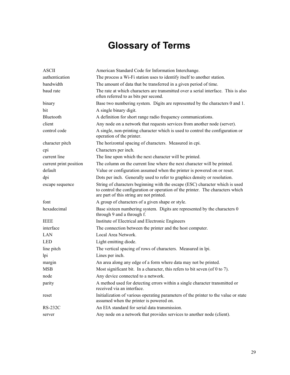 Glossary of terms, Printer supplies and accessories, Warranty | Printek Mt2 Series User Manual | Page 35 / 38