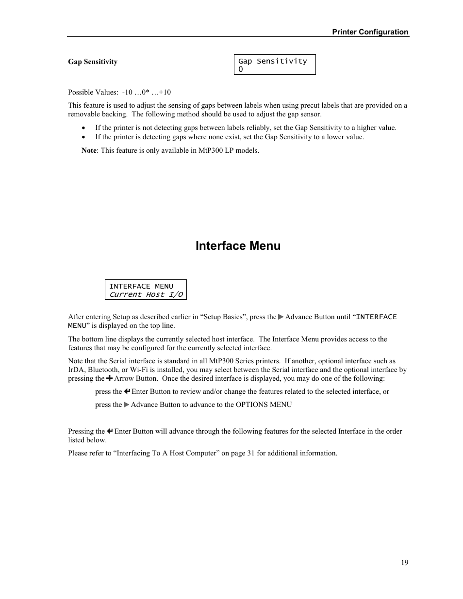 Interface menu | Printek MTP300 User Manual | Page 25 / 63