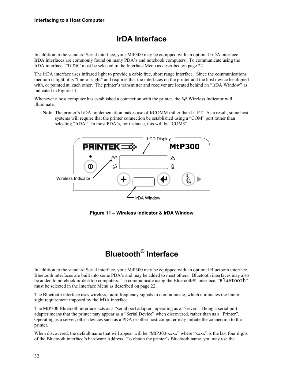 Irda interface, Bluetooth® interface, Bluetooth | Interface | Printek MTP300 User Manual | Page 38 / 63