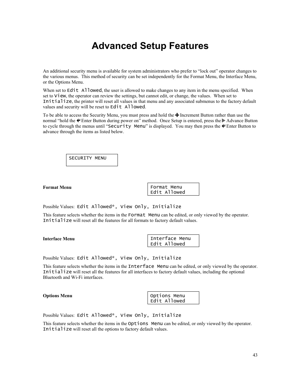 Advanced setup features | Printek MTP300 User Manual | Page 49 / 63