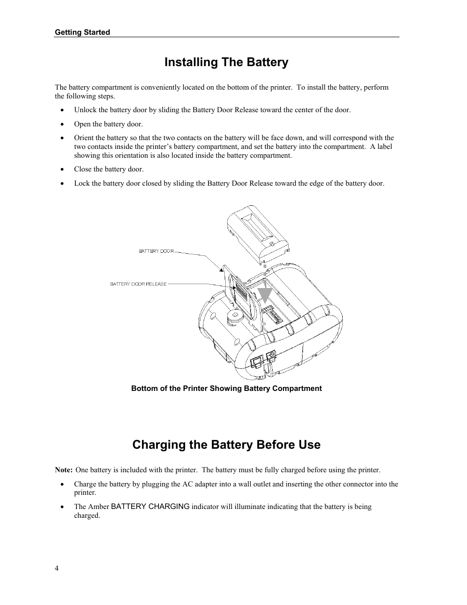 Installing the battery, Charging the battery before use | Printek Mt2 User Manual | Page 10 / 38