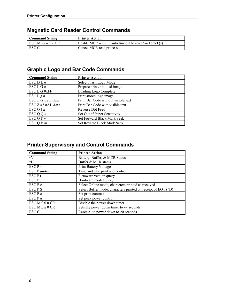Magnetic card reader control commands, Graphic logo and bar code commands, Printer supervisory and control commands | Printek Mt2 User Manual | Page 22 / 38