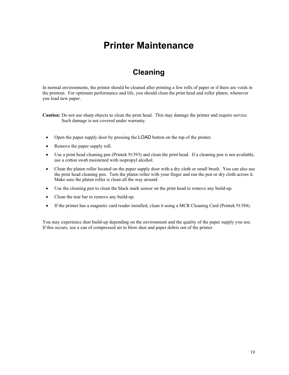 Printer maintenance, Cleaning | Printek Mt2 User Manual | Page 25 / 38