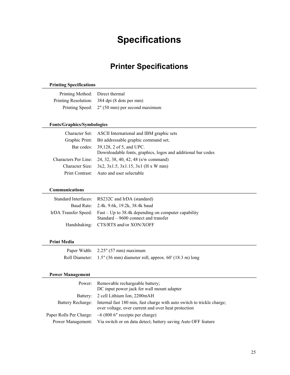 Specifications, Printer specifications | Printek Mt2 User Manual | Page 31 / 38