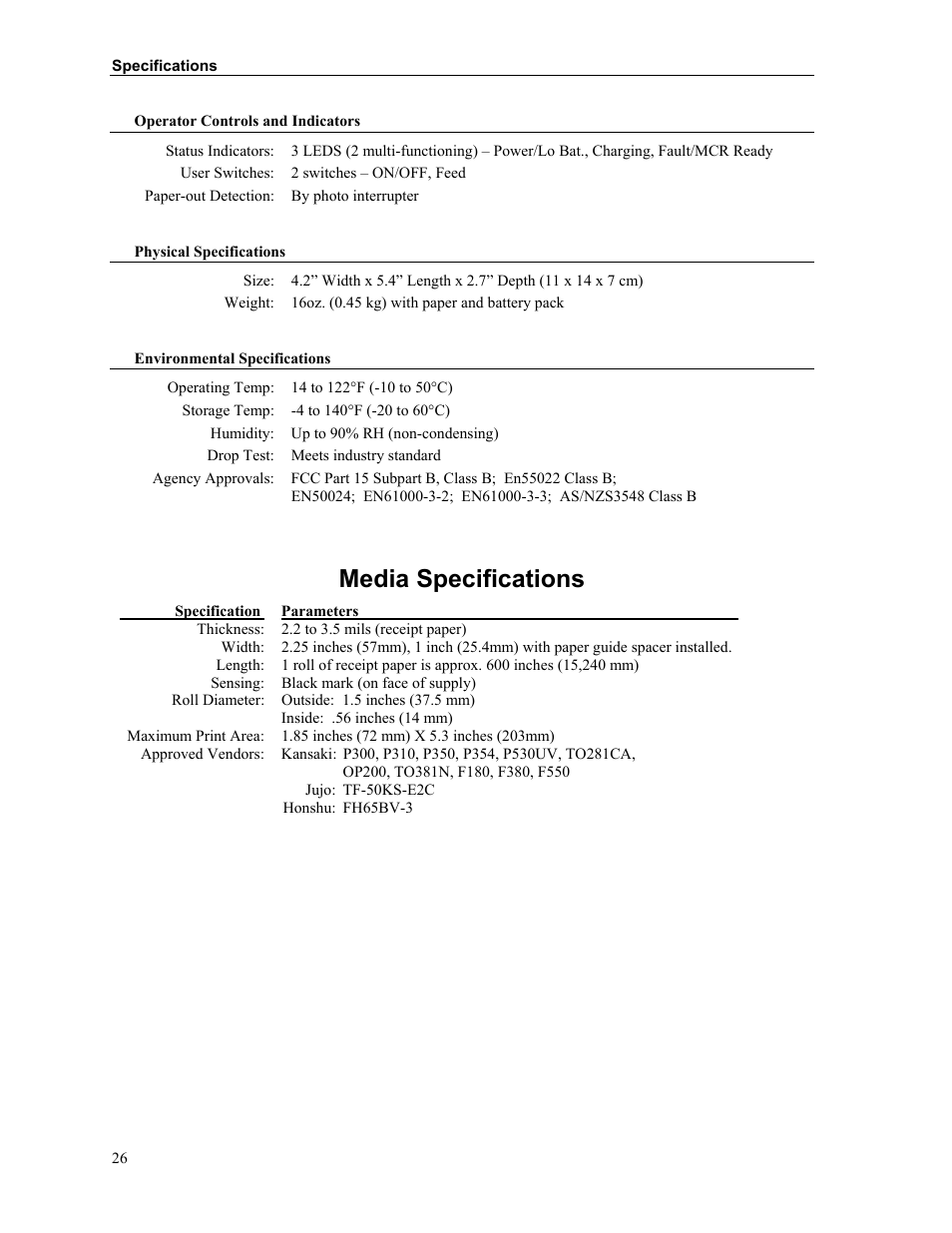 Media specifications | Printek Mt2 User Manual | Page 32 / 38