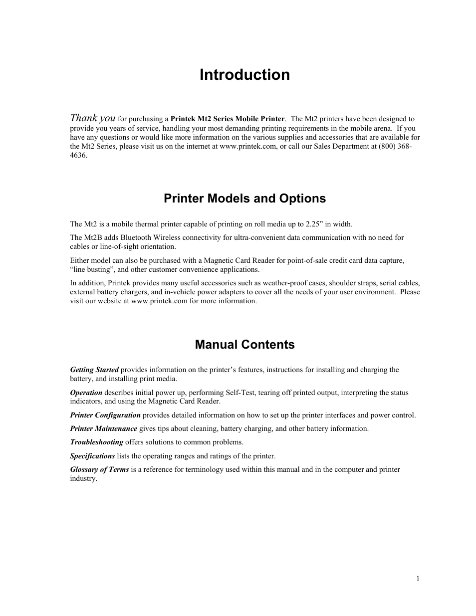 Introduction, Printer models and options, Manual contents | Printek Mt2 User Manual | Page 7 / 38