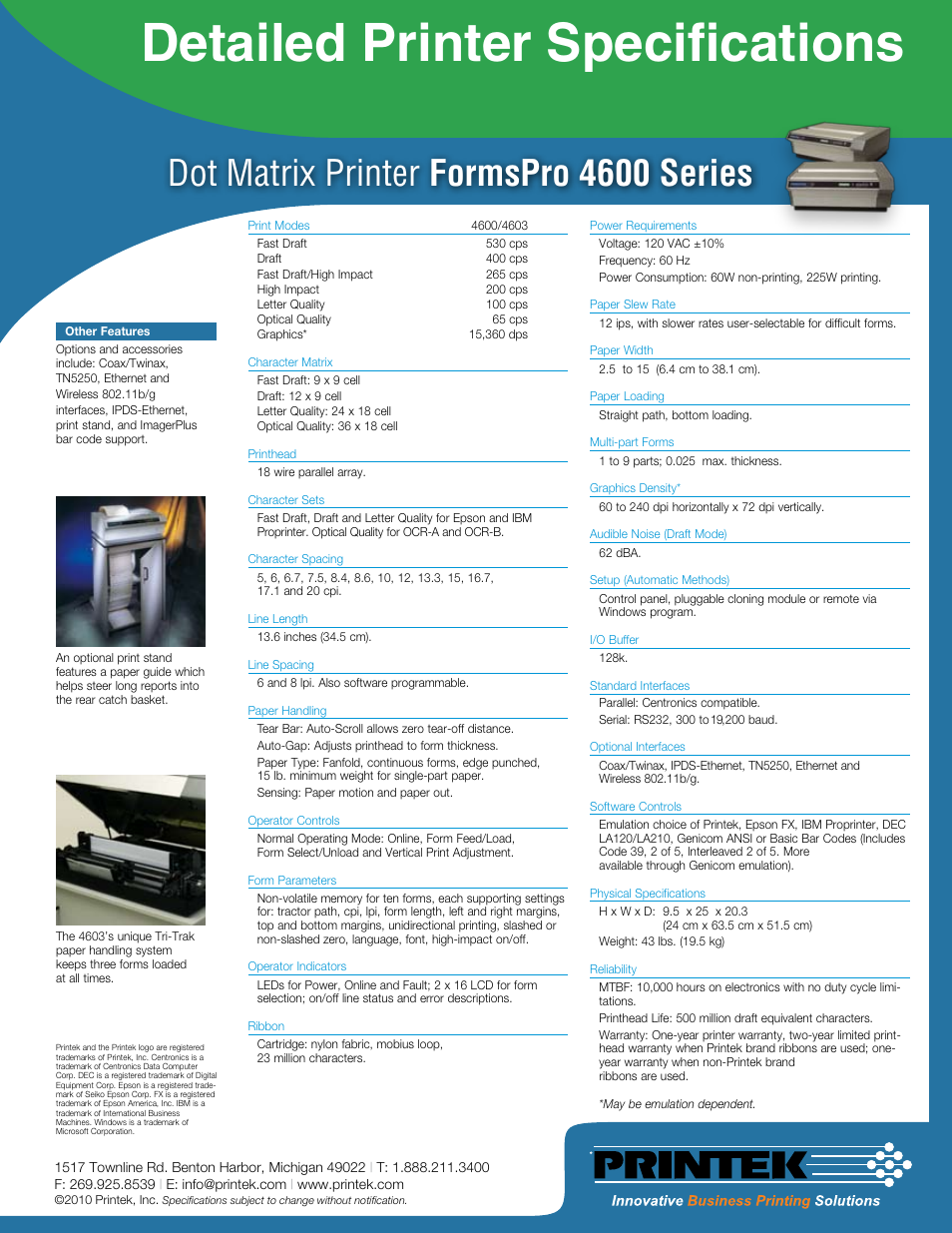 Detailed printer specifications, Dot matrix printer formspro 4600 series | Printek FormsPro 4600 User Manual | Page 2 / 2