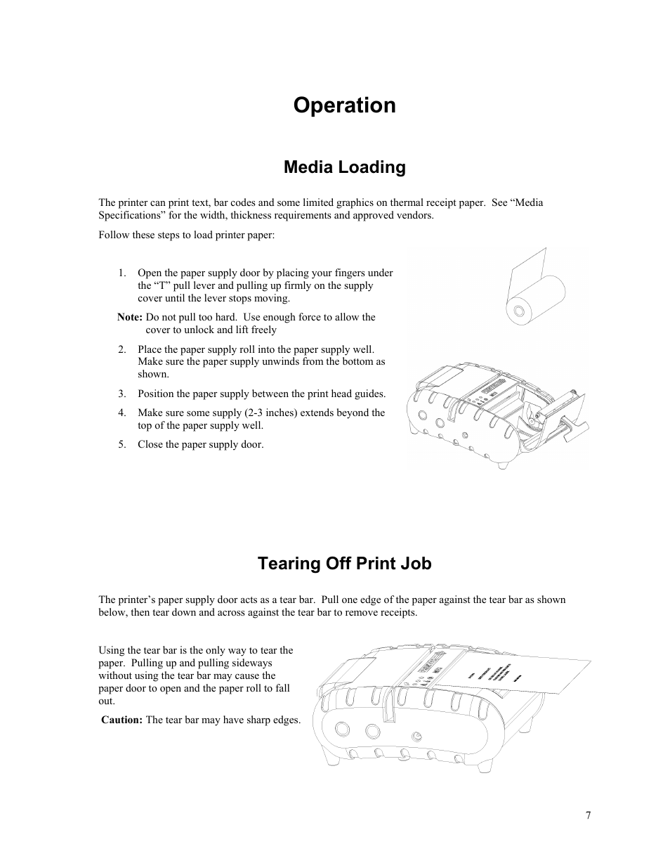 Operation, Media loading, Tearing off print job | Printek Mt3-II Series User Manual | Page 13 / 34