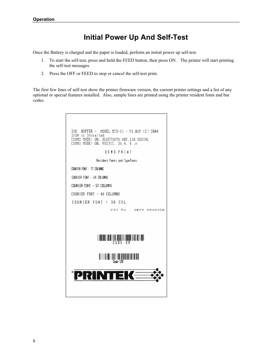 Initial power up and self-test | Printek Mt3-II Series User Manual | Page 14 / 34