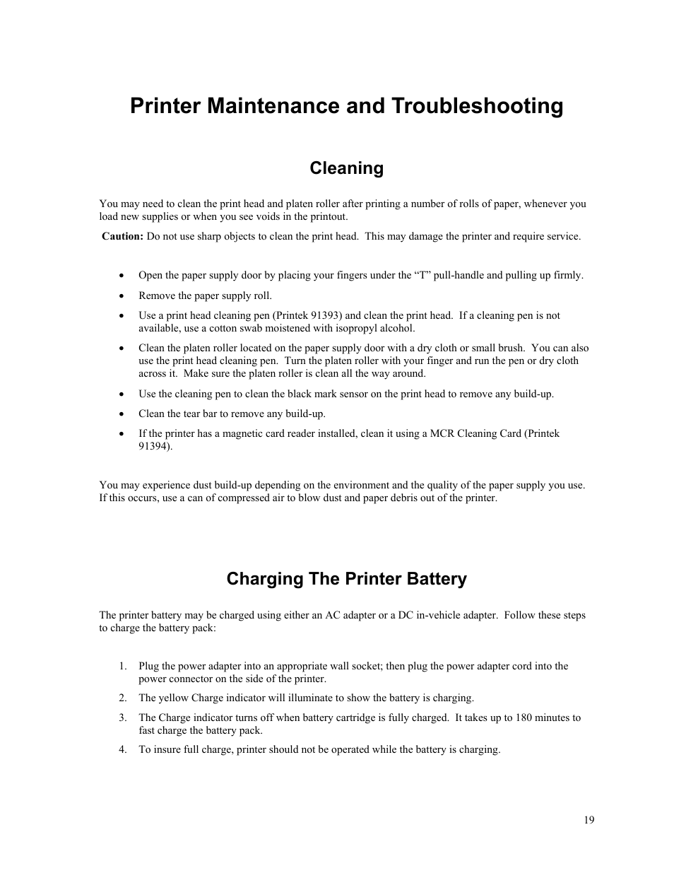 Printer maintenance and troubleshooting, Cleaning, Charging the printer battery | Printek Mt3-II Series User Manual | Page 25 / 34